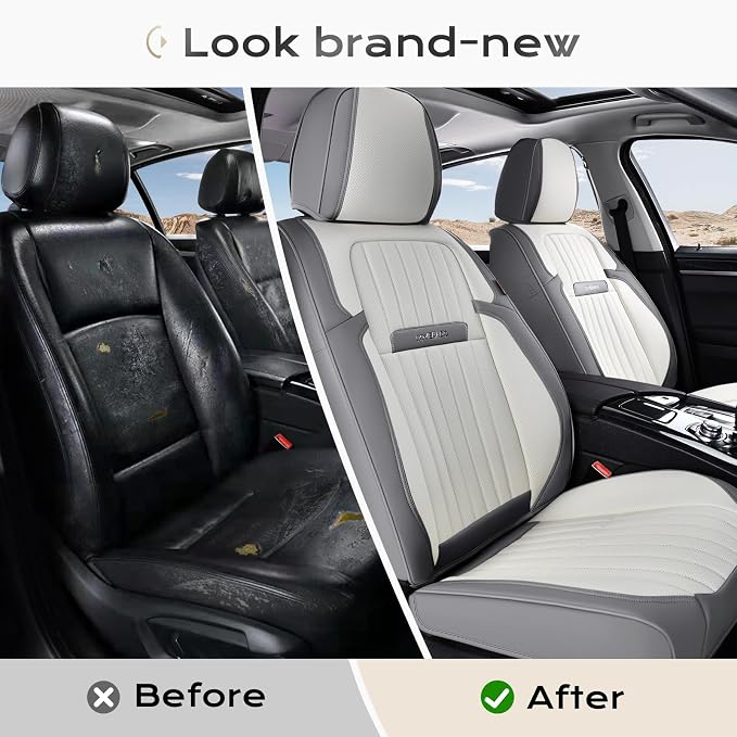 Coverado Car Seat Covers Front Seats, Seat Covers for Cars, Car Seat Protector, 2-Pack Car Seat Cushion Nappa Leather, Waterproof Seat Covers Carseat Cover Universal Fit for Most Cars(Gray&White)