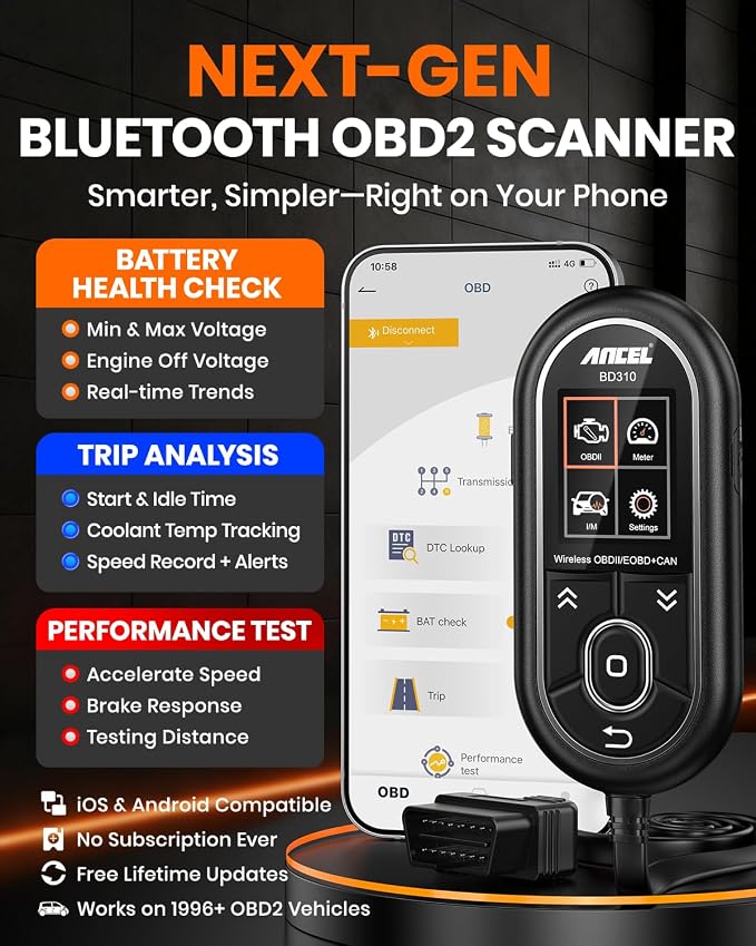 ANCEL BD310 Bluetooth OBD2 Scanner, 2-in-1 Car Diagnostic Scan Tool & Code Reader with App, Battery Test, Trip Analysis, Performance Test, for iPhone & Android, All 1996+ Vehicles