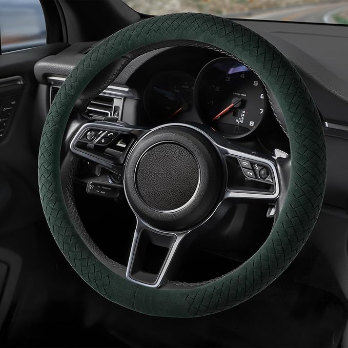 Suede Steering Wheel Cover with Upgraded Silicone Inner Ring, Breathable, Anti-Slip, Leather Universal 14.5 to 15 Inch Steering Wheel Cover (Green with Handwoven Craft)