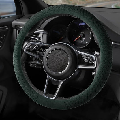 Suede Steering Wheel Cover with Upgraded Silicone Inner Ring, Breathable, Anti-Slip, Leather Universal 14.5 to 15 Inch Steering Wheel Cover (Green with Handwoven Craft)