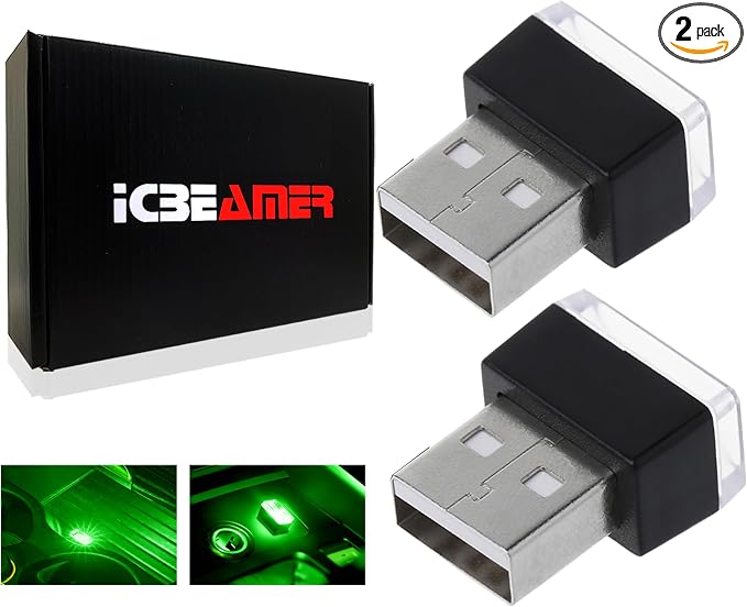 ICBEAMER USB Type-A LED Night Light 2-Pack (Green) | Plug-in Universal Fit Automotive Accessory for Car Interior and Trunk Ambient Atmosphere Lighting