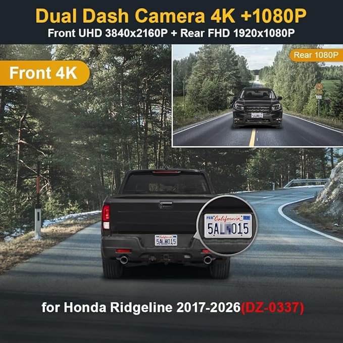 Fitcamx Front 4K+Rear 1080P Dash Cam Adapts for Honda Ridgeline 2017-2026 (DZ-0337), Integrated OEM Look, 2 Way HD Video, Built-in WiFi & APP, Loop Recording, G-Sensor, Easy to Set, 128GB Card