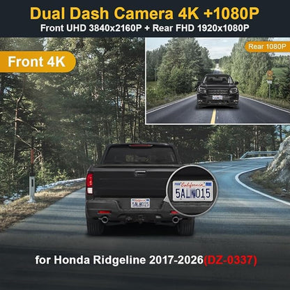 Fitcamx Front 4K+Rear 1080P Dash Cam Adapts for Honda Ridgeline 2017-2026 (DZ-0337), Integrated OEM Look, 2 Way HD Video, Built-in WiFi & APP, Loop Recording, G-Sensor, Easy to Set, 128GB Card