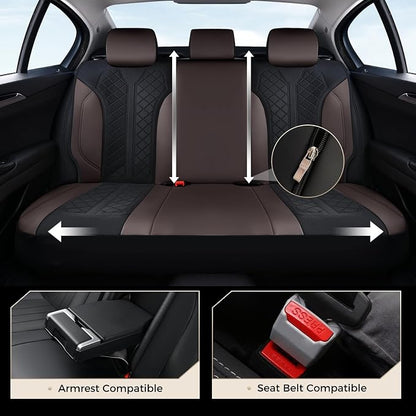 Coverado Seat Covers for Car 5 Seats, Leather Car Seat Covers Fullset, Breathable Mesh Front and Rear Protectors, Coffee Luxury Automotive Covers, Universal Fit for SUV, Truck, Sedan