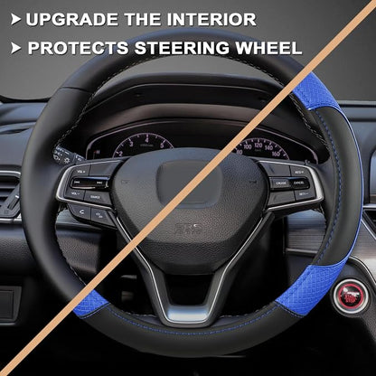 GIANT PANDA Microfiber Leather Steering Wheel Cover for Honda Accord,Civic,CR-V,HR-V,Pilot(Diamond-Pattern-Black+Blue-Standard Size)