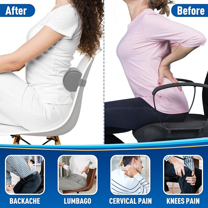 Lumbar Roll Support Pillow for Office Chair, Car, Gaming Chair, Memory Foam Back Cushion with Washable Cover for Relieving Back Pain & Improving Posture,Light Grey
