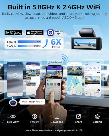 AZDOME 3 Channel Dash Cam Front and Rear Inside, 4K+1080P+2.5K ADAS Dash Cam, 3.19'' IPS Car Camera, 5.8G WiFi GPS Dash Cam for Cars, Voice Control, Night Vision, 24/7 Parking Mode, 64GB Card M550 Pro