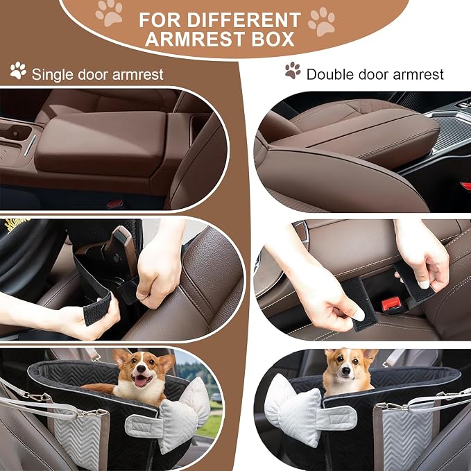 Dog Car Seat for Small Dogs Adjustable Portable Center Console Dog Car Seat Removable Cat Booster Cars Seats - Safety Belt with Cushion Anti-Collapse for Puppy Kitten Up to 15 Lbs (Black)