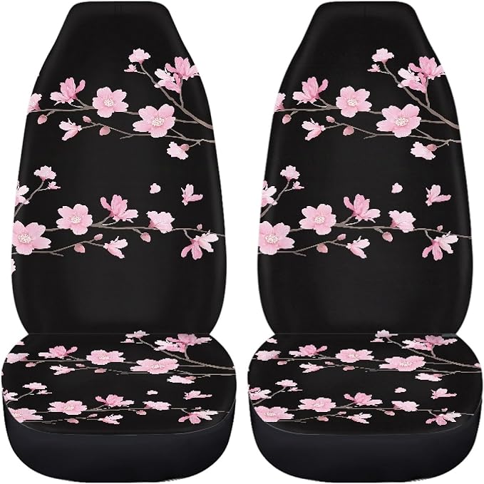 Cherry Blossom Car Seat Covers Full Set,Japanese Pink Flowers Tree Branches with Falling Petals Vehicle Front Rear Bench Cushion Protector Interior Accessories Universal Fit for Trucks Sedans