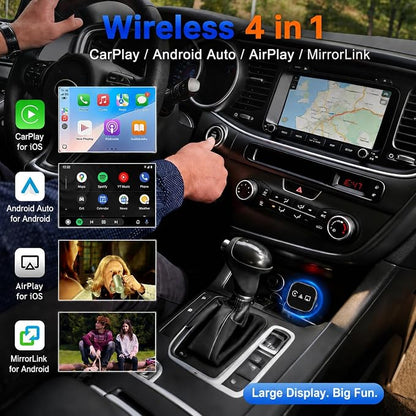 2026 4-in-1 CarPlay Adapter Wireless CarPlay + AirPlay + Android Auto + MirrorLink | Plug-&-Play for iPhone 10+ & Android 11+ | USB-A & Type-C Dual Ports (Black)