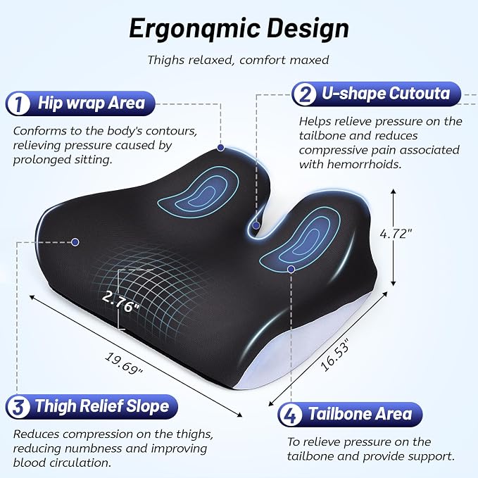 Extra Large Seat Cushion for Tailbone Pain Relief, Ergonomic Office Chair Cushion, Memory Foam Coccyx Cushion, Relief Sciatica and Back Support, Orthopedic Pillow