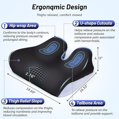 Extra Large Seat Cushion for Tailbone Pain Relief, Ergonomic Office Chair Cushion, Memory Foam Coccyx Cushion, Relief Sciatica and Back Support, Orthopedic Pillow