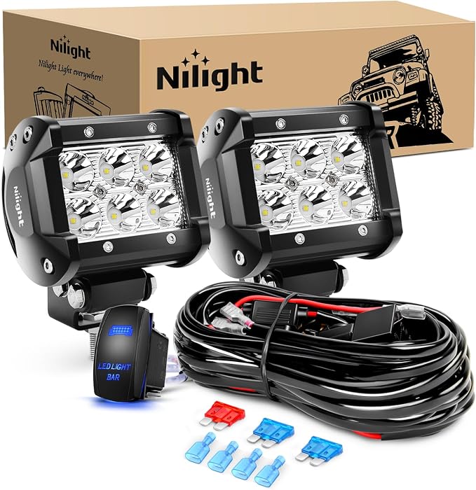 Nilight LED Light Bar 2PCS 18W Spot Led Pods Off Road Lights 12V 5Pin Rocker Switch Bar Wiring Harness Kit 2 Leads for Truck SUV ATV UTV