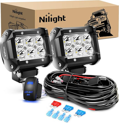 Nilight LED Light Bar 2PCS 18W Spot Led Pods Off Road Lights 12V 5Pin Rocker Switch Bar Wiring Harness Kit 2 Leads for Truck SUV ATV UTV
