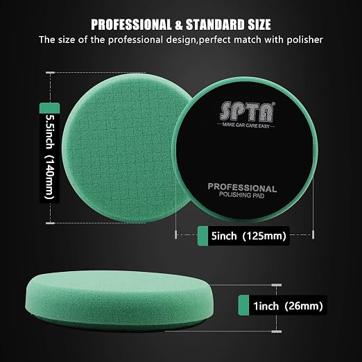 Green T120 Heavy-Cut Polishing Foam Pad, SPTA 1Pc 5.5 Inch Face for 5 Inch 125mm Backing Plate Compound Buffing Sponge Pads for Car Buffer Polisher Compounding, Polishing and Waxing -FPTSS5G
