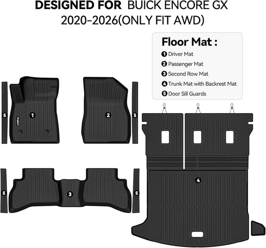 Floor Mats for Buick Encore GX 2020-2026(Only Fit AWD), Trunk Mat with Backrest Mat & Door Sill Guard All Weather TPE Protector for Buick Encore GX Accessories