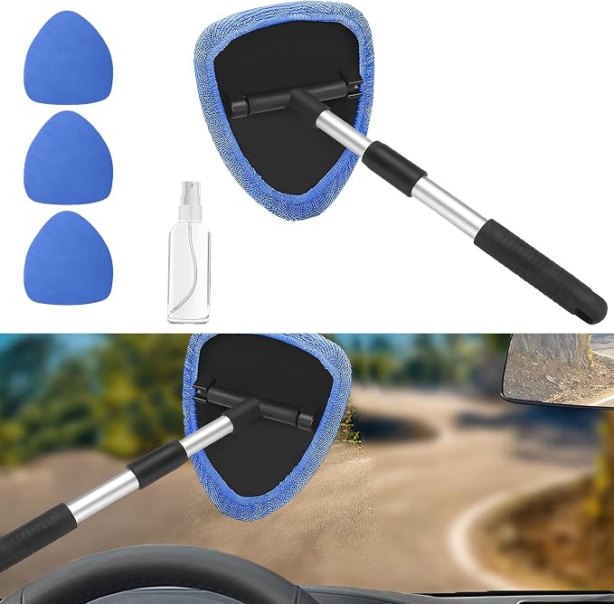 Car Window Cleaner, Car Cleanser Brush, Car Accessories Car Cleaning Supplies Tools, Car Cleaning Kit with Extendable Handle, Microfiber Cloth, Spray Bottle, Fits All Cars (Blue)