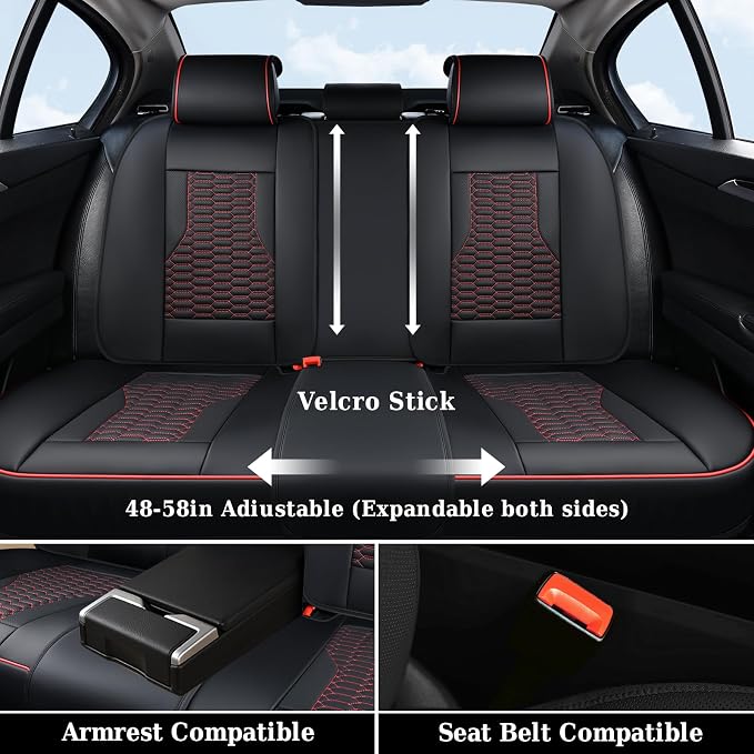 Coverado Car Seat Covers Full Set, 5 Seats Nappa Leather Seat Covers for Cars, Waterproof Automotive Car Seat Covers Interior Accessories Universal Fit Most Cars(Black&Red)