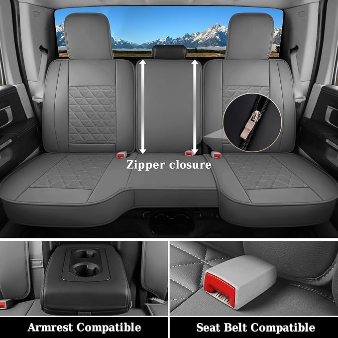 Coverado Dodge Ram Seat Cover Full Set, Waterproof Ram 1500 Seat Cover Compatible with 2002-2026 Dodge RAM 1500 2500 3500 Crew Quad Cab with Curved Bench, Dark Gray