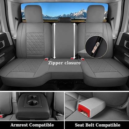 Coverado Dodge Ram Seat Cover Full Set, Waterproof Ram 1500 Seat Cover Compatible with 2002-2026 Dodge RAM 1500 2500 3500 Crew Quad Cab with Curved Bench, Dark Gray