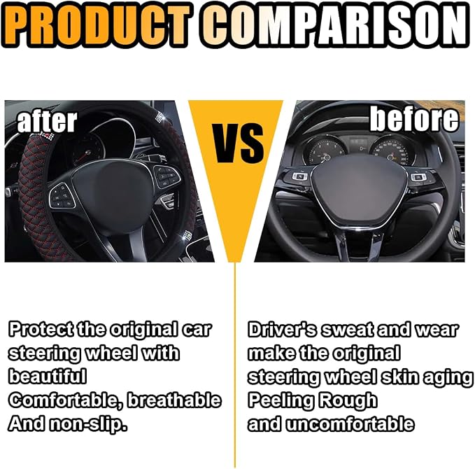 Bling Soft Leather Steering Wheel Cover, 15 Inch Colorful Rhinestones Auto Elastic Protector with Crystal Diamond for Women Girls, Car Accessories for Most Cars, SUVs (Black Red)
