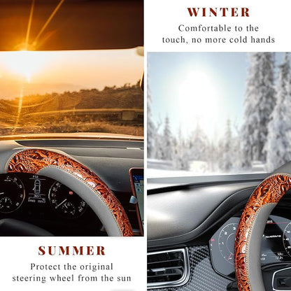 Leather Car Steering Wheel Cover, 15" Crocodile Pattern Anti Slip Car Wheel Wrap with Rose Grain, Four Seasons Universal Auto Steering Wheel Protector for Cars Trucks SUVs (Brown & Gray)