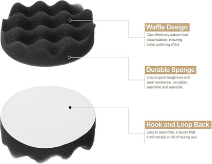 HARFINGTON 3pcs Buffing Sponge Pads 4" Polishing Wheel Waffle Finishing Grip Pad Car Buffer Polisher with Hook and Loop Back for Car Detailing Polishing Waxing, Black