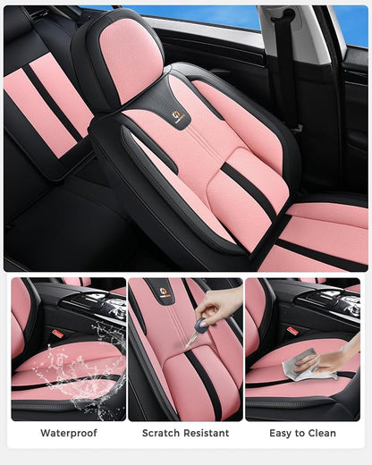 Huidasource Car Seat Covers Front Seats Luxury Nappa Leather, Front Seat Covers with Airbag, Front Storage Pocket, Lumbar Support, Cooling＆Heating, Universal Fit for Most Cars SUV Trucks, Black&Pink