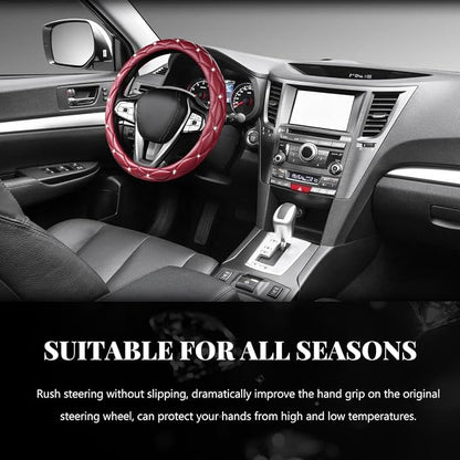 Bling Car Steering Wheel Cover, 15 Inch Diamond Leather Anti-Slip Auto Steering Wheel Protector, Cute Sparkly Rhinestones Wheels Cover Automotive Decoration for Women Girl (Wine Red)