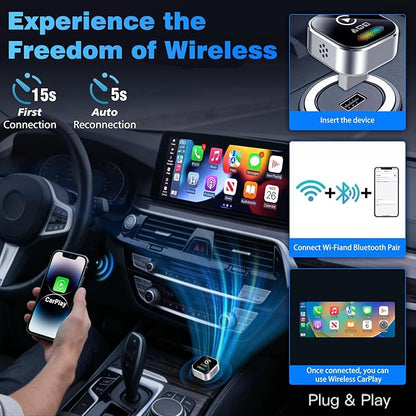Wireless CarPlay Adapter for iPhone – 2026 4-in-1 Dongle with AirPlay & Screen Mirroring, Low Latency, 5-Second Auto Connect for Wired Cars, Includes USB A/C（Silvery）