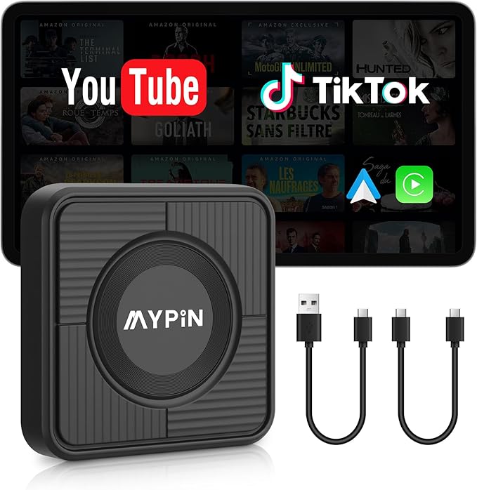 Upgraded Wireless CarPlay Adapter, 3-in-1 Wireless Carplay & Android Auto& Video Adapter, Support Netflix YouTube Support TF Card, Plug & Play, USB Type C, USB Type A Compatible with iPhone & Android