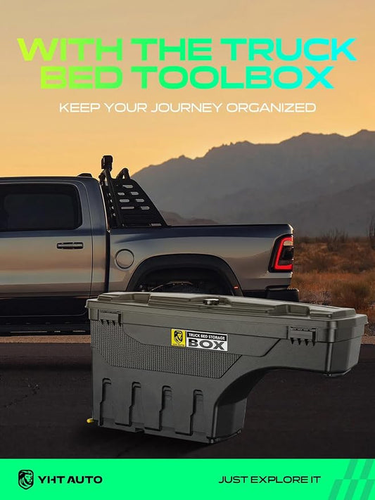 YHTAUTO Truck Bed Storage Tool Box Lockable Compatible with 2019-2025 Ram 1500, Driver Side, Not Fit Classic Model, Will Not Work with RamBox, Swing Waterproof Wheel Well Toolbox
