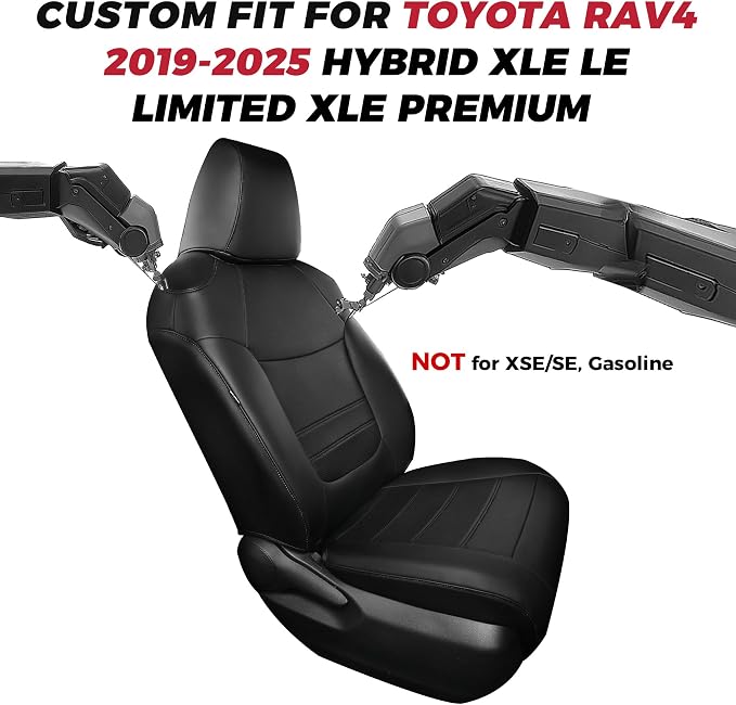 FREESOO RAV4 Seat Covers Full Set Custom Fit for Toyota Rav4(Only Hybrid) 2019 2020 2021 2022 2023 2024 2025 LE/XLE/XLE Premium/Limited, Faux Leather Car Seat Cover, Airbag Compatible, Black