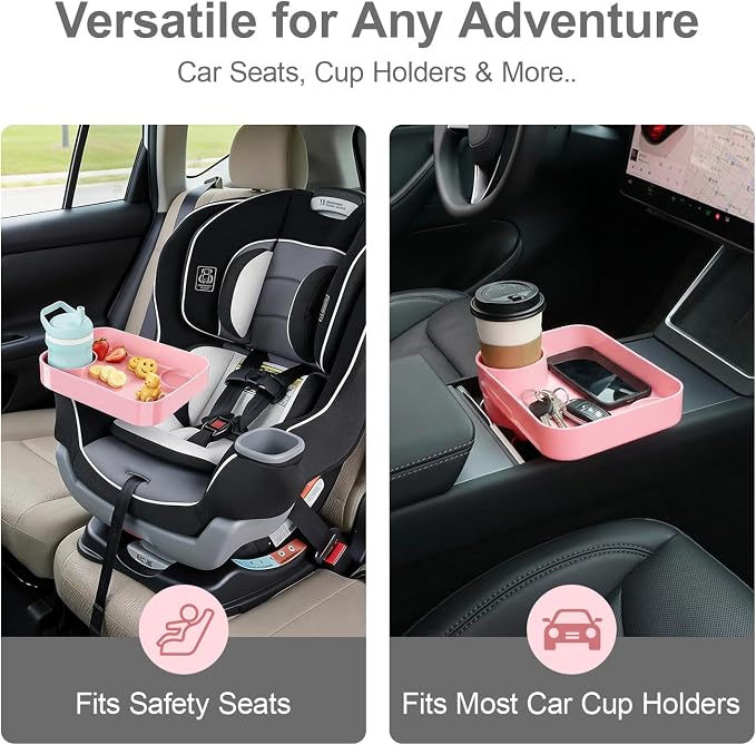 [2 Pack] Car Seat Snack Tray for Toddlers - 3 Inch Cup Holder Fits Most Sippy Cups & Straw Bottles with Dip Well, Mess-Free Square Kids Travel Tray Road Trip Essentials, Pink, 2