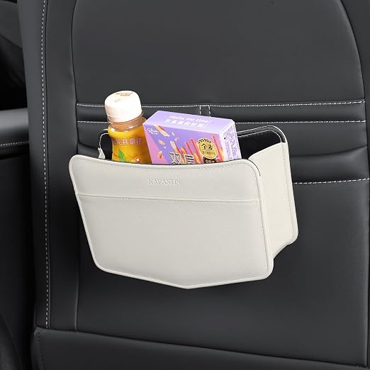Car Trash Can Small Leather Vehicle Trash Bin Car Dustbin Garbage Organizer Holder with Trash Bag Foldable Mini Cars Storage Bag Container for Auto SUV Van Trucks (White,Clip on)