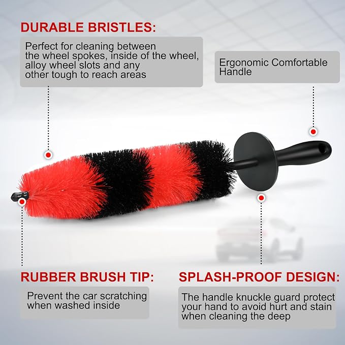 Fitosy Wheel Rim Brush, Soft Bristle Long Car Tire Detailing Washing Tool for Exhaust Tips Engine, Vehicle Motorcycles Auto Truck SUV RV, No Scratches