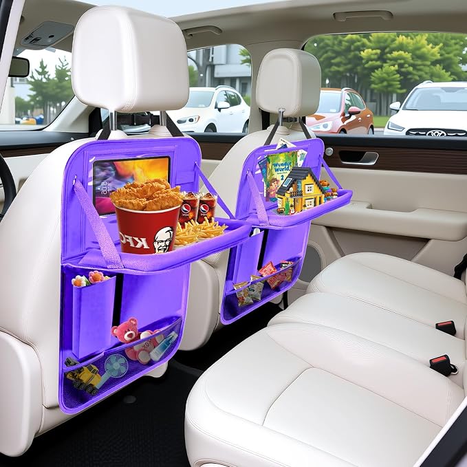 2Pack Car Backseat Organizer with Foldable Table Tray,6 Storage Pockets Car Storage Organizer with Tablet Holder,Car Seat Back Protectors Kick Mats Travel Accessories (Purple)