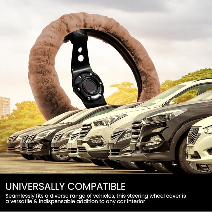 Andalus Brands Luxury Fluffy Car Steering Wheel Covers – Genuine Merino Sheepskin, Soft Fuzzy Car Steering Wheel Cover for Women, Universal 14.5-15" Size, Plush Fur Cute Auto Accessories, Tan