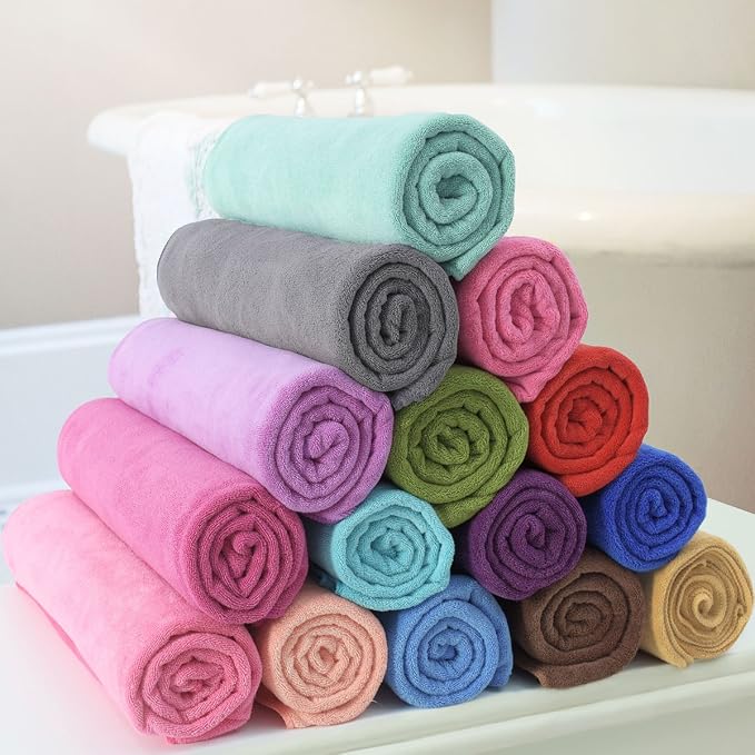 JML Microfiber Bath Towel Set, 6 Pack, 27" x 55", Purple/Grey/Light Blue | Extra Absorbent, Fast Drying, Lint Free, Fade Resistant, Hanging Loop, Multipurpose for Swimming, Fitness, Sport, Yoga