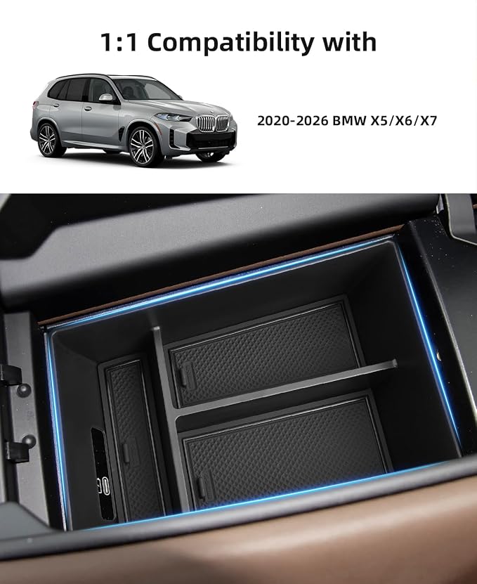Center Console Organizer for 2020-2026 BMW X5/X6/X7, Armrest Storage Box with Removable Rubber Mat, 2020 2021 2022 2023 2024 2025 2026 BMW X5/X6/X7 Interior Accessories(Black)
