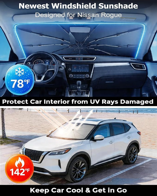 DMJN Umbrella Windshield Sun Shade for Nissan Rogue (2008-2026), Car Sunshade for Front Windshield [Nano Ice-Crystal Coatings] UPF50+ Heat & UV Block, Protect Interior & Keep Cooler