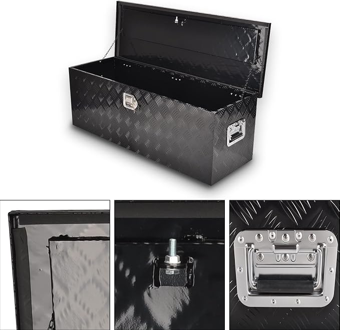 44 Inch Aluminum Truck Bed Tool Box, 5 Bar Tread Truck Tool Box with Lock&Keys, Heavy Duty Waterproof Flatbed tool box for Vans, Trailers, RVS，Trucks, Black(44"x15"x15")