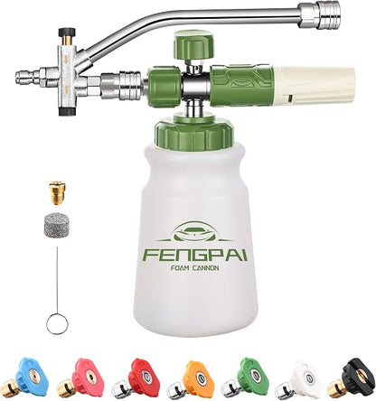 FENG PAI Pressure Washer Foam Cannon with Dual-Connector Accessory & 7 Power Washer Sprayer Nozzles, Double Tip Attachment For Soap Cannon, 1/4" Quick Connect, 3600 PSI, White Bottle