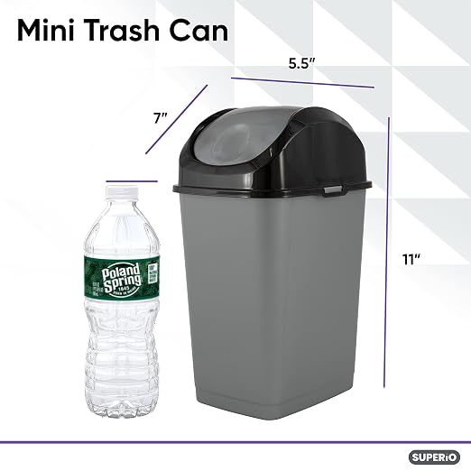 Superio Mini Plastic Trash Can with Swing Top Lid 1.25 Gallon Compact Small Waste Bin Portable Garbage Can for Countertop, Desktop, Make up Vanity, Bathroom, Car, Under Sink, Dorm 5 Qt (Grey/Black, 3)