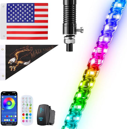 Ehaho 1 PC 6FT Whip Lights with Spring Base, APP & Remote Control Led Whip Lights for Side by Side, Spiral RGB Chasing Lighted Whips with Rocker Switch, Music Led Whips for UTV ATV RZR SXS Can-Am