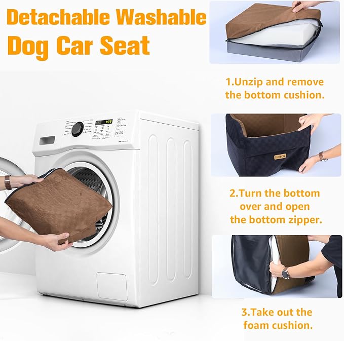 PETICON Waterproof Dog Car Seat for Small Medium Dogs, 5in Memory Foam Pet Booster Seat for Dogs up to 35 lbs with Pockets, Detachable Washable Pet Carseat with Y-Shape Safety Belt (Brown, Medium)