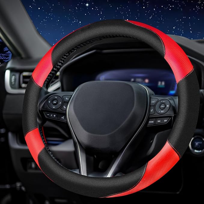 Soft Leather Steering Wheel Cover with Breathable Design and Anti-Slip Grip, Specially Designed for 14.5-15.2 inch Circular Steering Wheels