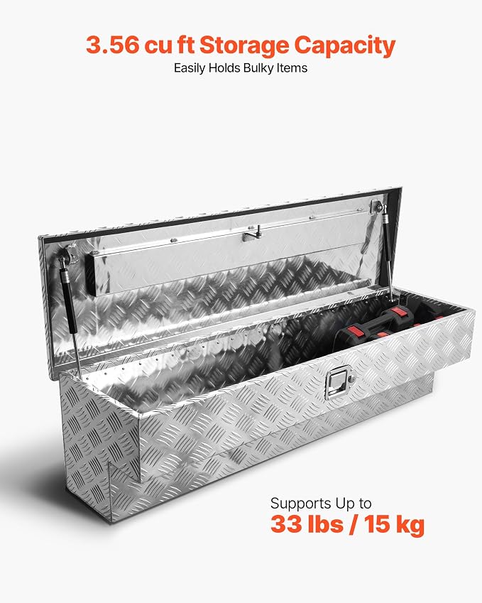 VEVOR Truck Bed Tool Box, Heavy Duty Aluminum Tool Box with Tread Patterns, Storage Toolbox Chest Organizer with Lock and Key, Ideal for Pickup, Truck Bed, RV, Trailer, 48 x 13.4 x 13 in, Silver