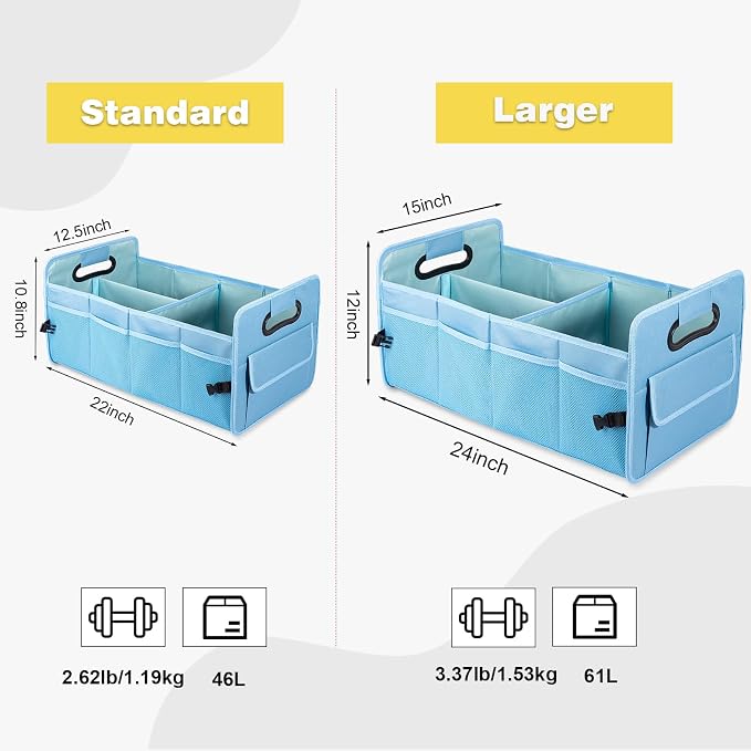 JiatuA Car Trunk Organizers and Storage Collapsible Multi Compartment Container Box, Adjustable Car Accessories for SUV Sedan Truck, Large Size, Light Blue