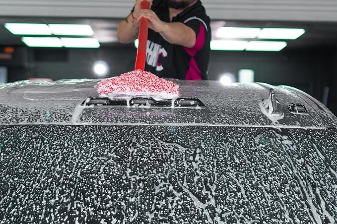 Mitt on a Stick PRO+ | Extendable Car Wash Brush, Mop, Mitt, Sponge | Red with Korean Dragon Microfiber Cover
